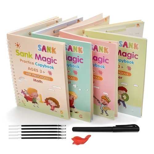 Sank Magic Practice Copybook (4 Books + 10 Refills + 1 Pen + 1 Grip) | Reusable Handwriting Book for Kids | Number, Alphabet, Drawing & Math Tracing | Magic Calligraphy Set for Preschool & Early Learning (Ages 3+)